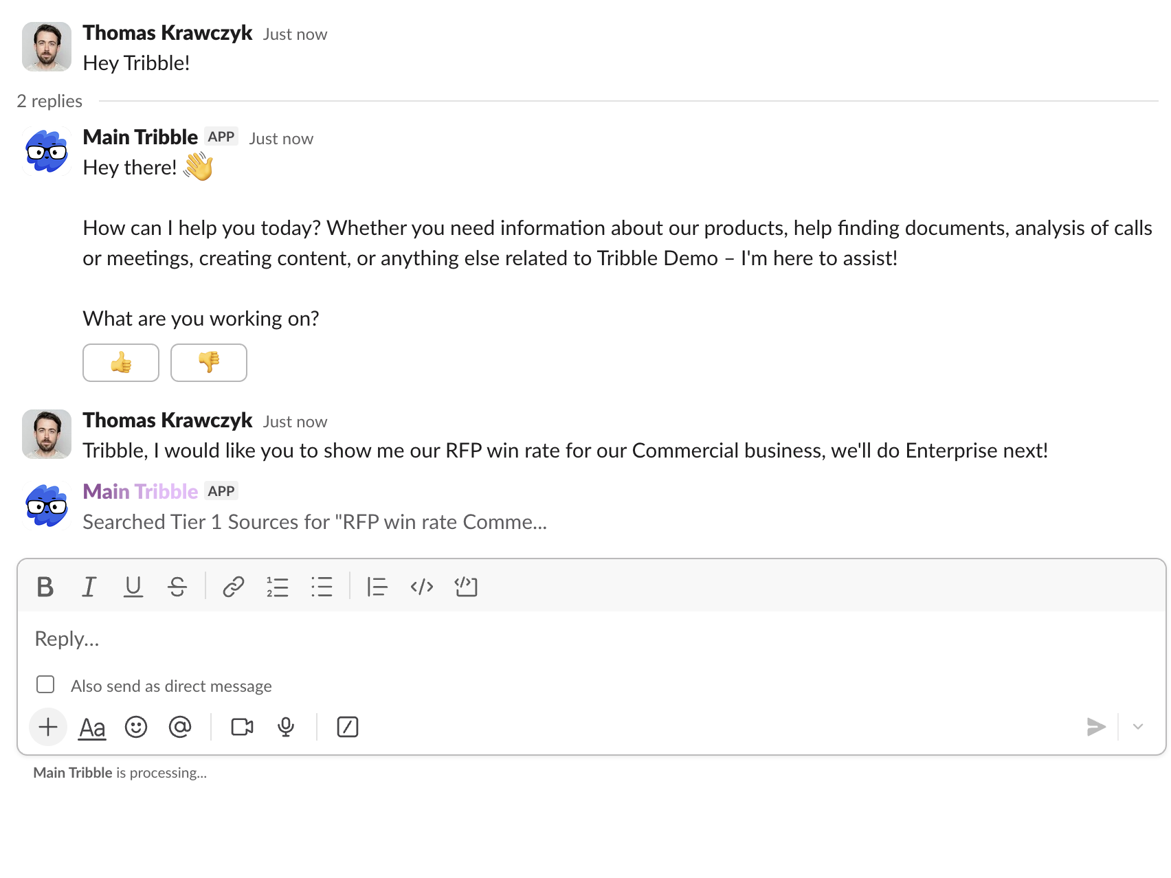 Tribble responding in Slack